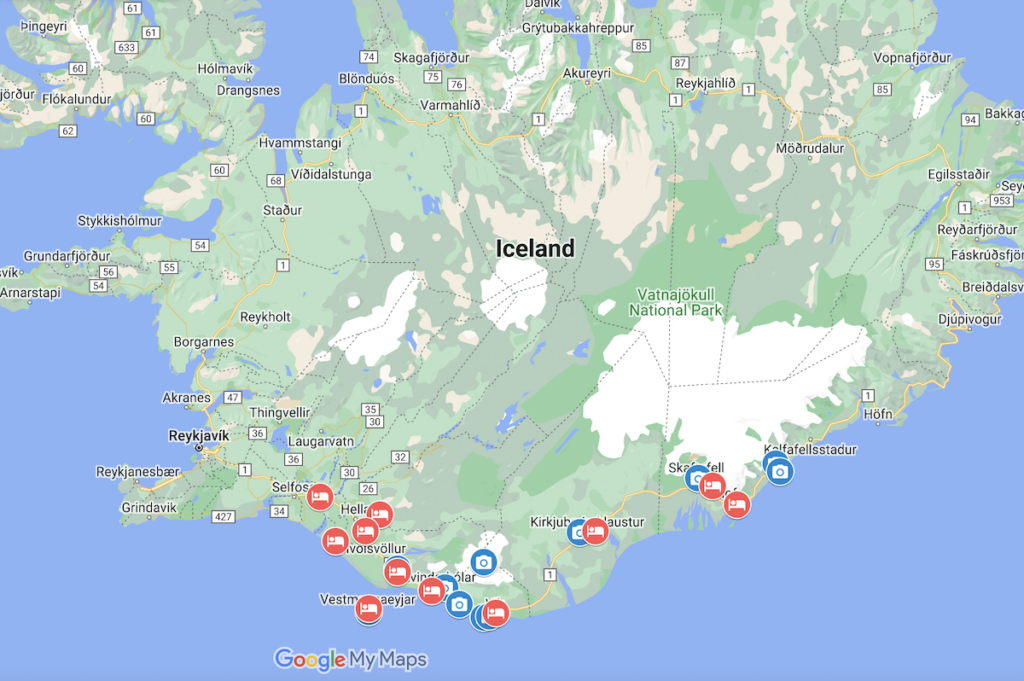 South Coast Iceland Hotels Map