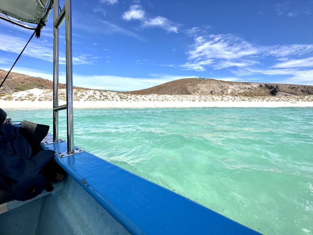 A view of La Balandra Beach, La Paz, Mexico from the water