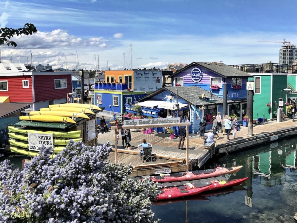 Fisherman’s Wharf in Victoria BC with colourful homes and seals, a fun stop for families