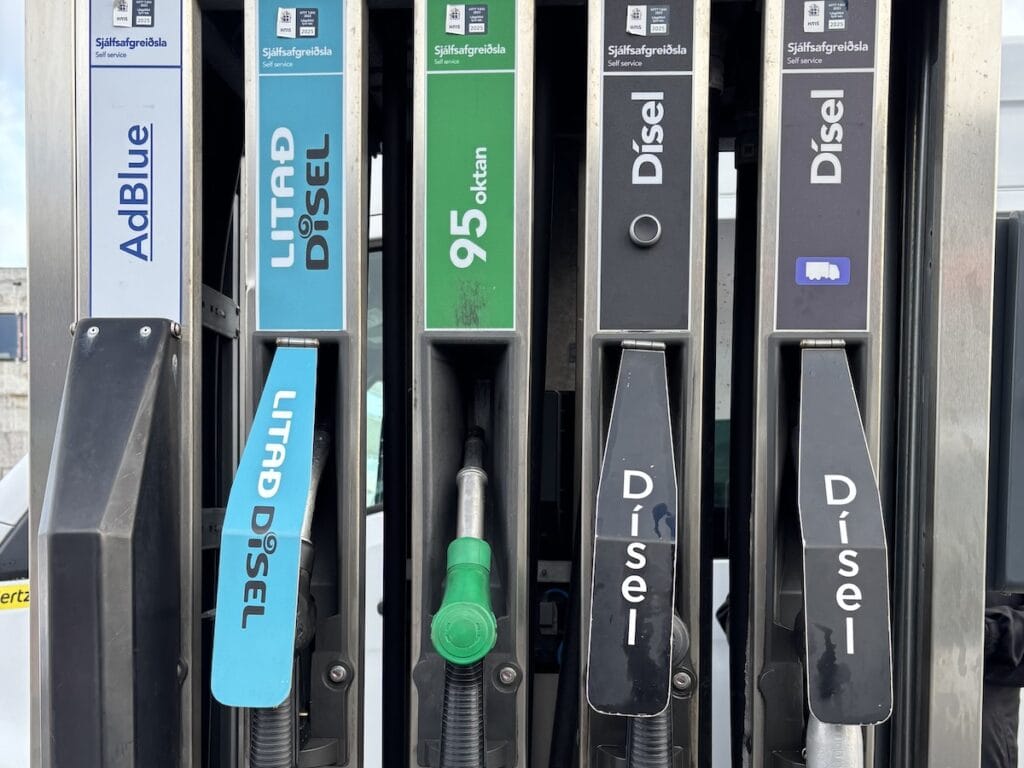 Fuel pumps in Iceland, showing that Diesel pumps are black, not green like in North America.