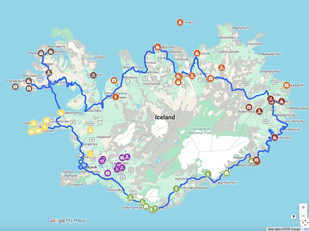 Ring Road Iceland Route with Attractions Noted