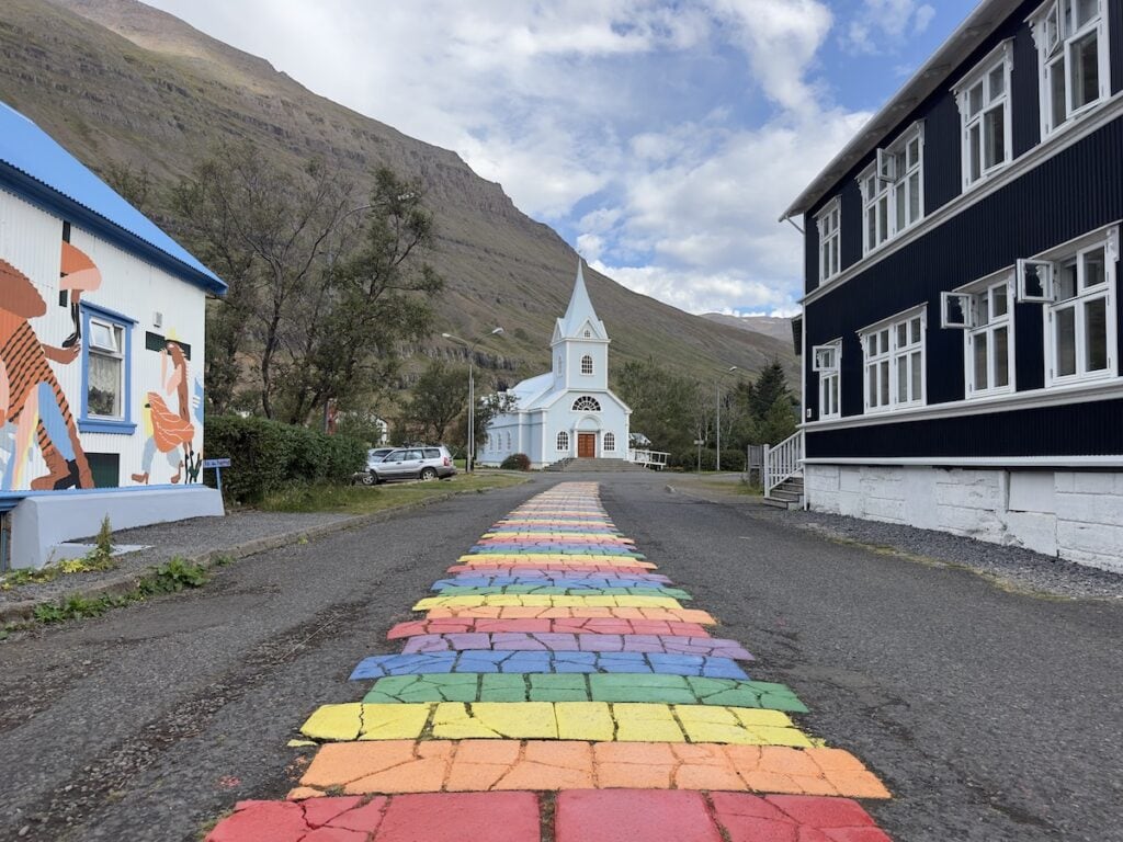 Seydisfjordur Rainbow Road and Blue Church