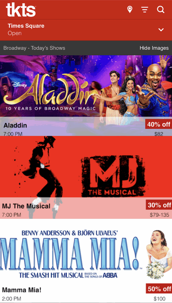 Screenshot for TKTS Discounted Broadway Tickets Site showing prices
