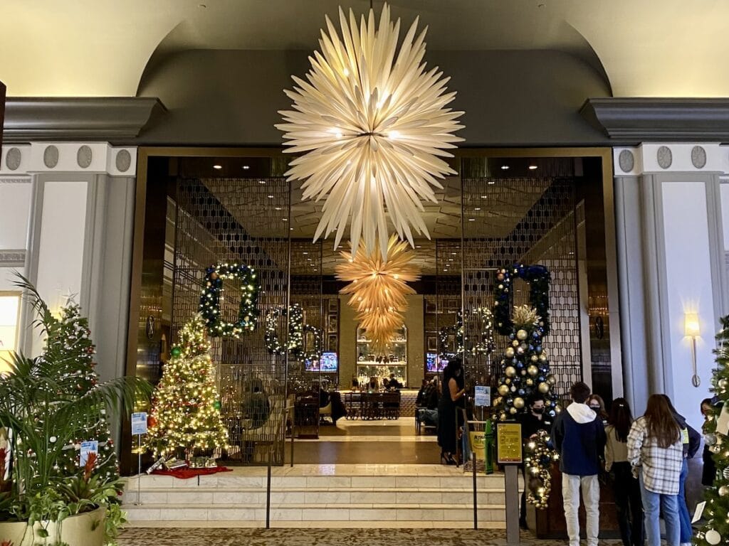 Exterior shot of the Fairmont Hotel Vancouver at Christmas with their Castle in the City decor