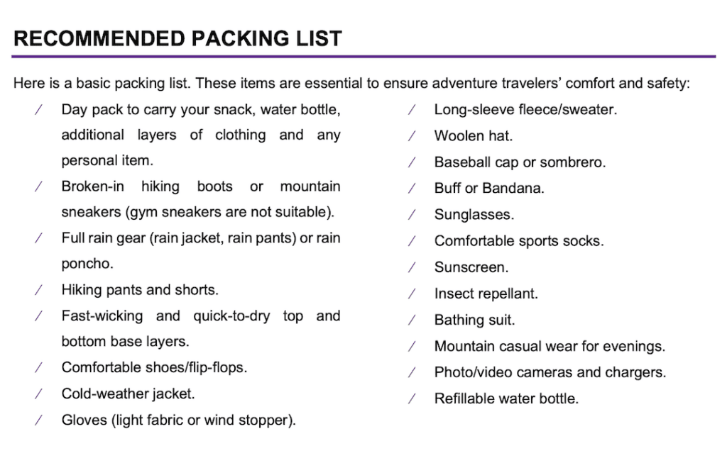 Packing List Mountain Lodges of Peru Sacred Valley to Machu Picchu