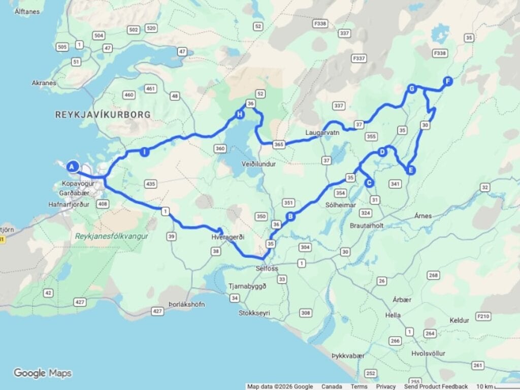 Golden Circle Route Map (from Google Maps)