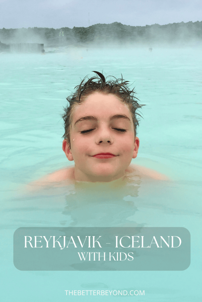 Boy in the Blue Lagoon (Pinterest Pin for Reykjavik with Kids)
