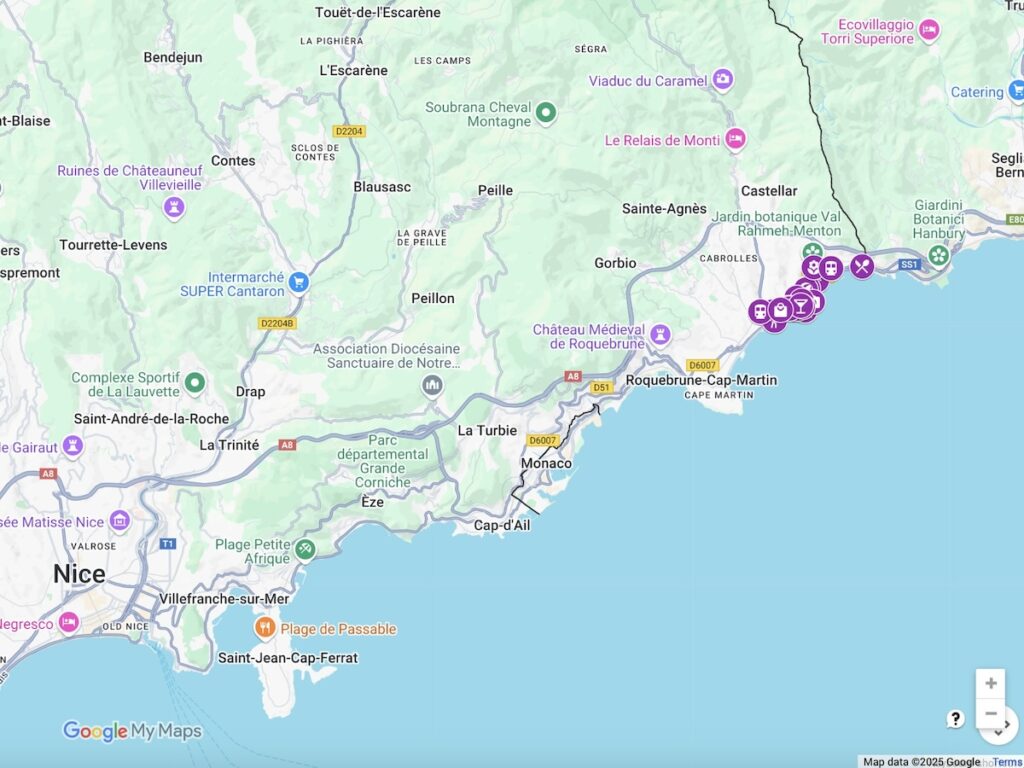 Map of Menton, France with attractions noted.