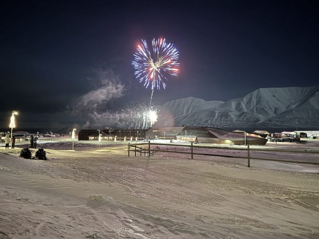 Fireworks over the town of Longyearbyen in Svalbard