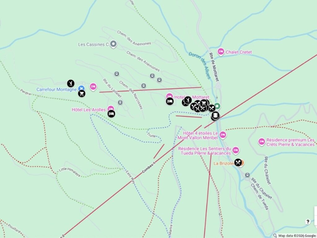 Google screenshot of a map of Meribel Mottaret in France