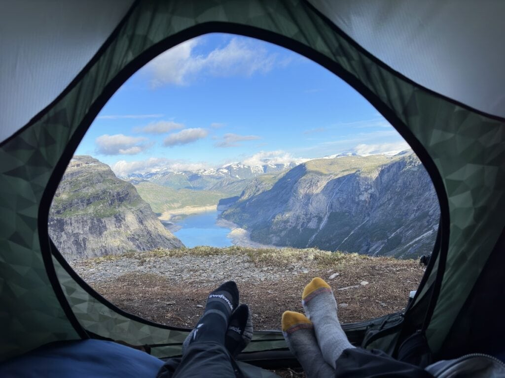 Looking out of tent at Trolltunga camp site