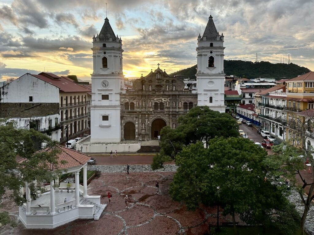 View of the cathedral and gazebo in Plaza Mayor, Casco Viejo, Panama City.