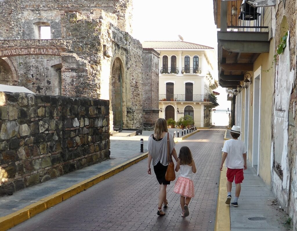 Family walking the streets of Casco Antiguo, Panama City