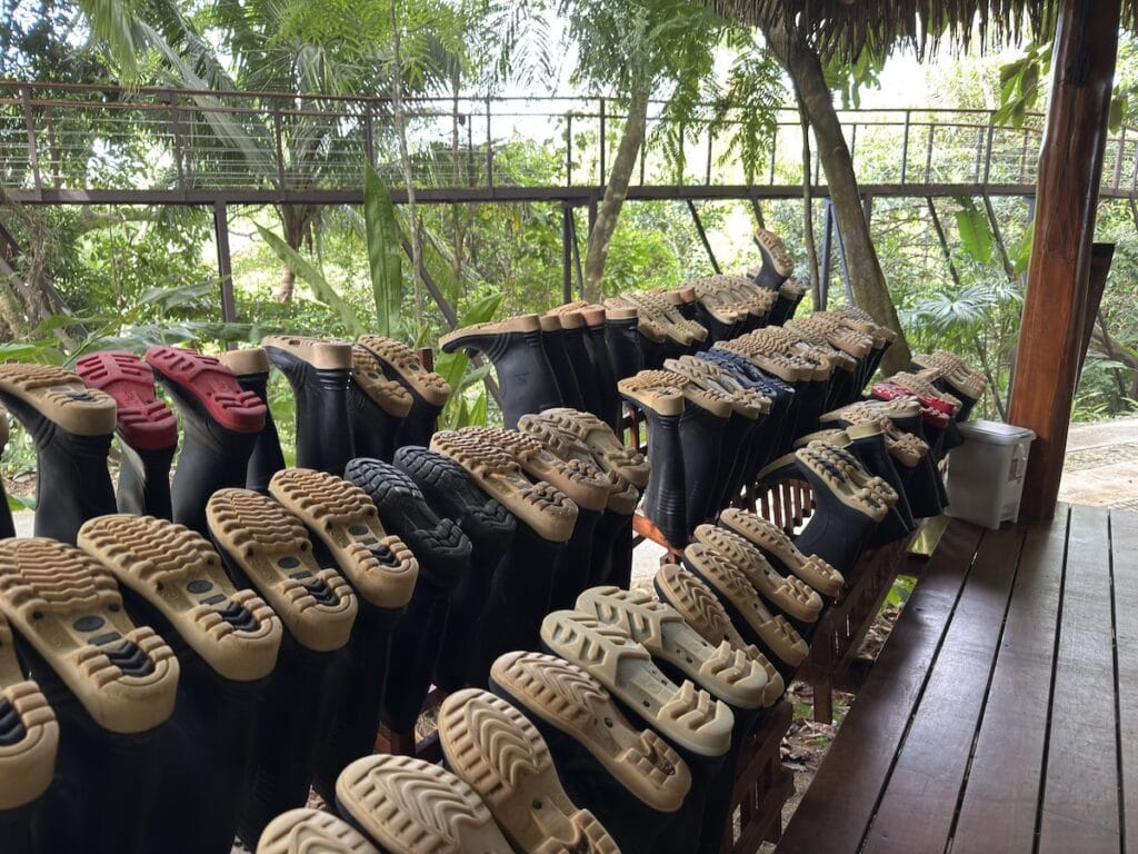 A rack full of rubber boots at Lapa Rios Lodge, Costa Rica