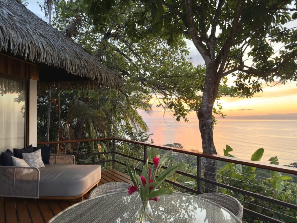 Ocean and jungle view from the balcony of a bungalow at Lapa Rios Lodge in Costa Rica.