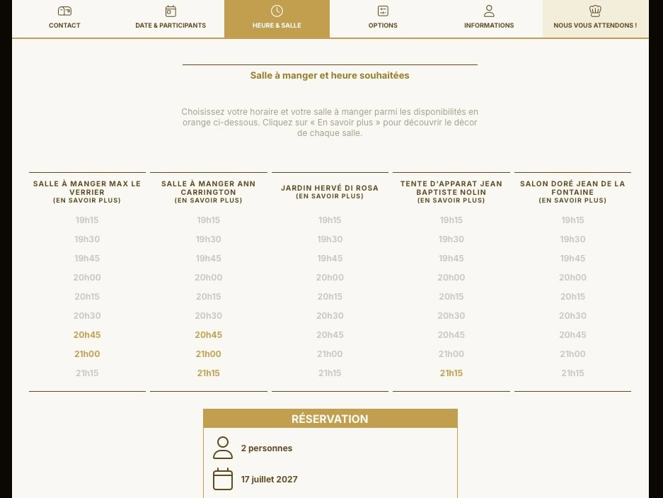 A list of open reservation time slots at Les Grands Buffets, in Narbonne, France